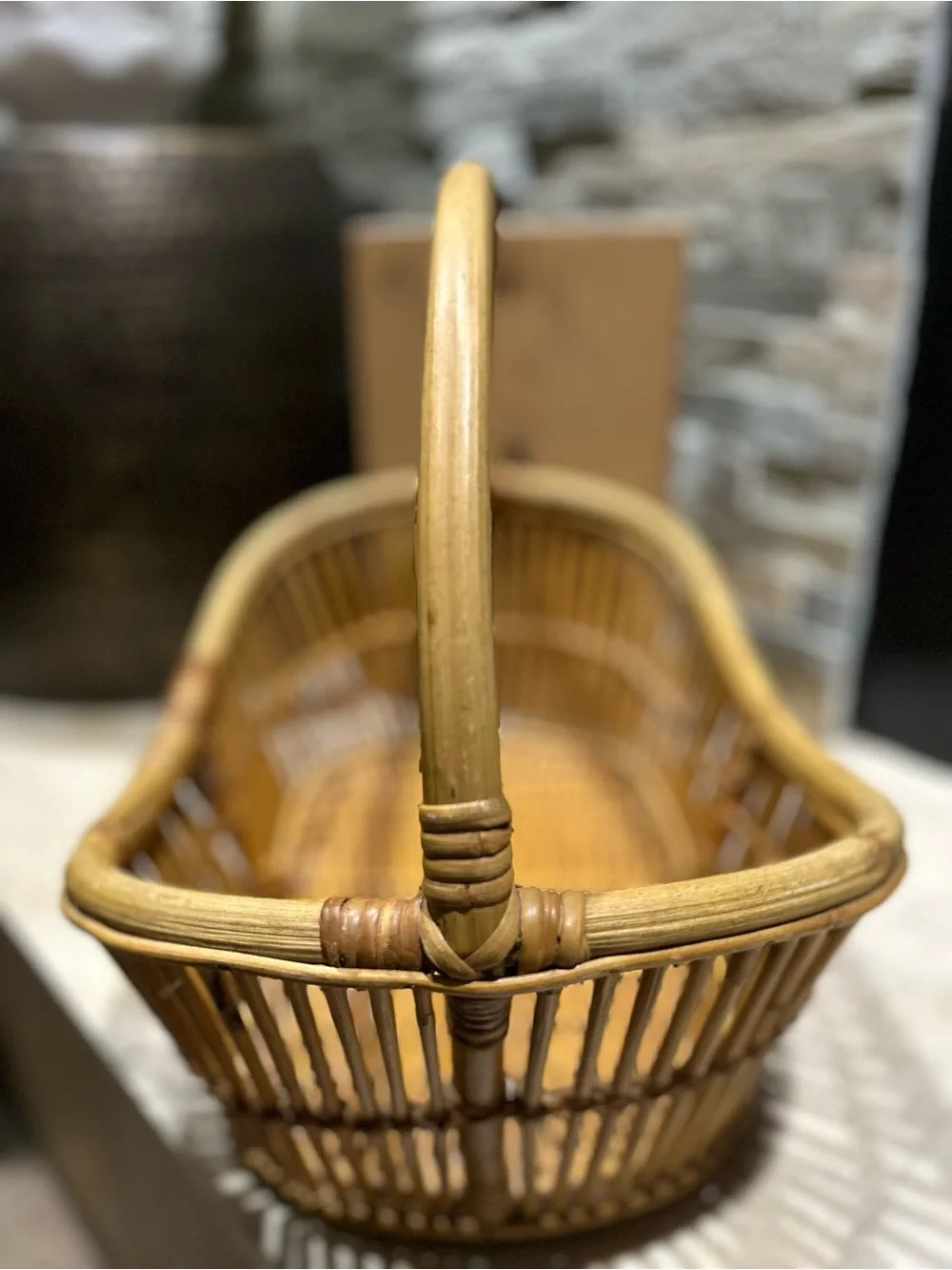 Vintage Bent Bamboo and  Natural Rattan Handled Basket